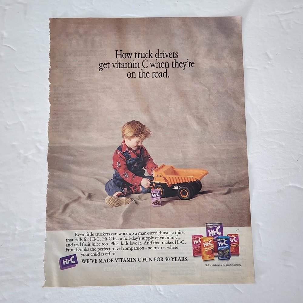 Vintage Print Ad Hi-C Vitamin C juice box boy playing with truck clipping 1989